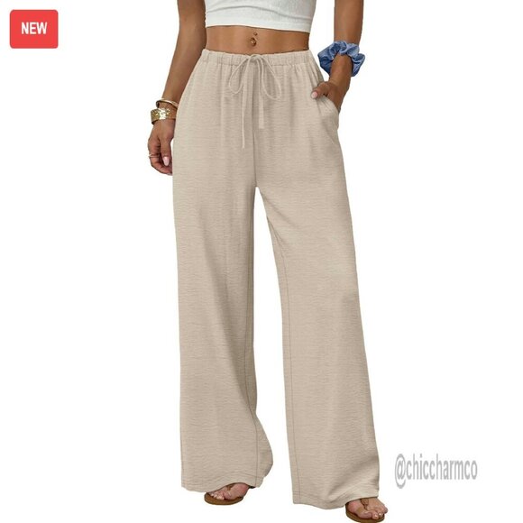 Pants - Wide Leg Palazzo Pants with Pockets Drawstring Elastic Waist Flowy Trousers